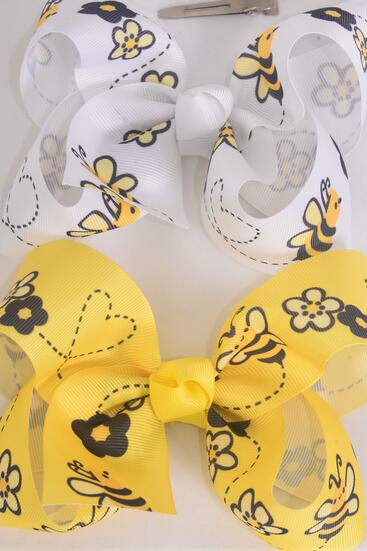 Hair Bow Jumbo Honey Bee Grosgrain Bow-tie / 12 pcs Bow = Dozen Alligator Clip , Size - 6" x 5" Wide , 6 Of each Pattern Asst , Clip Strip and UPC Code