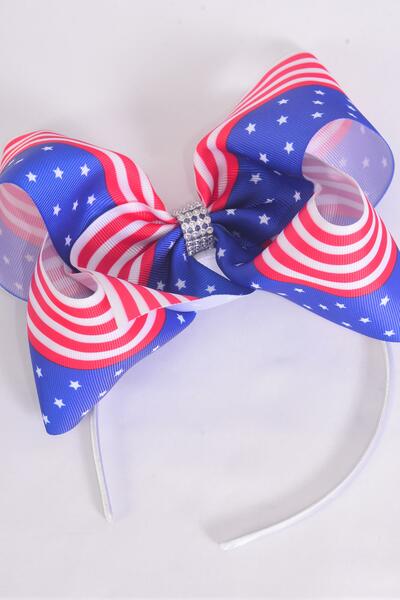 Headband Horseshoe Jumbo Patriotic-Flag Grosgrain Bow-tie / 12 pcs = Dozen Bow Size - 6" x 5" Wide , Hang Tag with OPP Bag