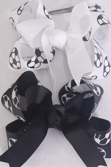 Hair Bow Jumbo Double Layered Soccer Sport Black White Mix / 12 pcs Bow = Dozen Soccer , Alligator Clip , Bow - 6" x 5" Wide , 6 Black , 6 White Color Mix , Clip Strip & UPC Code
