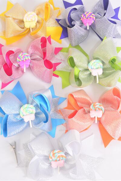 Hair Bow Jumbo Double Layered Center Lollipop Charm Citrus Grosgrain Bow-tie / 12 pcs Bow = Dozen  Alligator Clip , Size - 6" x 5" Wide , 2 Fuchsia , 2 Turquoise , 2 White , 2 Purple , 2 Yellow , 1 Orange , 1 Lime Color Asst , Clip Strip & UPC Code