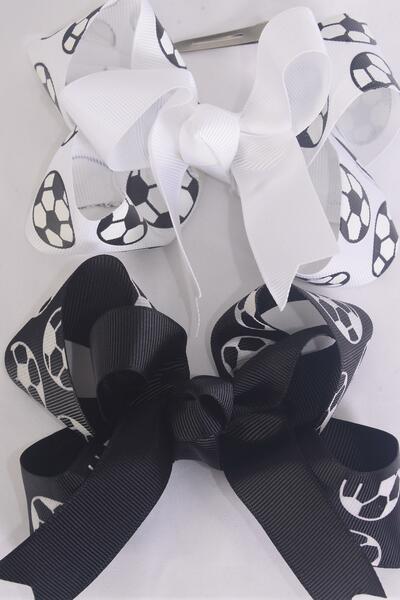 Hair Bow Jumbo Double Layered Soccer Sport Black White Mix / 12 pcs Bow = Dozen Soccer , Alligator Clip , Bow - 6" x 5" Wide , 6 Black , 6 White Color Mix , Clip Strip & UPC Code