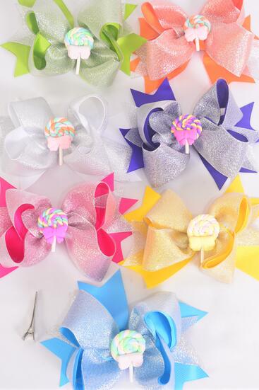 Hair Bow Jumbo Double Layered Center Lollipop Charm Citrus Grosgrain Bow-tie / 12 pcs Bow = Dozen Alligator Clip , Size - 6" x 5" Wide , 2 Fuchsia , 2 Turquoise , 2 White , 2 Purple , 2 Yellow , 1 Orange , 1 Lime Color Asst , Clip Strip & UPC Code