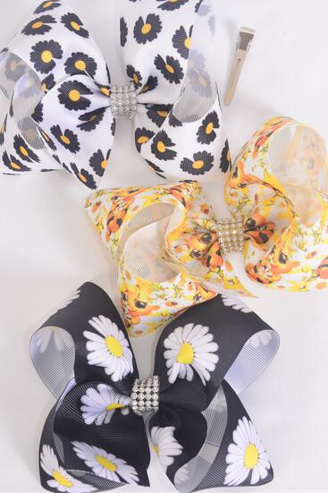 Hair Bow Jumbo Cute Honey Bee and Daisy Flower Mix Grosgrain Bow-tie / 12 pcs Bow = Dozen Alligator Clip , Size - 6" x 5" Wide , 4 Of each Pattern Asst , Clip Strip & UPC Code