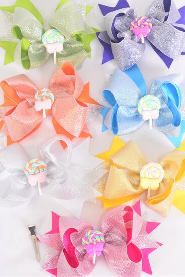 Hair Bow Jumbo Double Layered Center Lollipop Charm Citrus Grosgrain Bow-tie / 12 pcs Bow = Dozen Alligator Clip , Size - 6" x 5" Wide , 2 Fuchsia , 2 Turquoise , 2 White , 2 Purple , 2 Yellow , 1 Orange , 1 Lime Color Asst , Clip Strip & UPC Code
