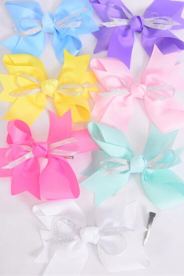 Hair Bow Jumbo Center Metallic Silver Bowtie Grosgrain Bowtie Pastel / 12 pcs Bow = Dozen Alligator Clip ,Size - 6" x 5" Wide , 2 White , 2 Pink , 2 Yellow , 2 Lavender , 2 Blue , 1 Hot Pink , 1 Mint Green Color mix , Clip Strip & UPC Code