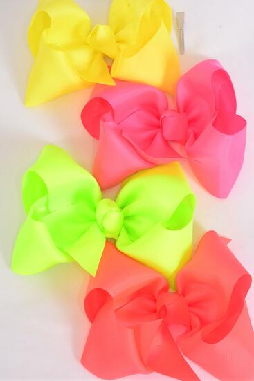 Hair Bow Extra Jumbo Cheer Type Bow Neon Grosgrain Bow-tie / 12 pcs Bow = Dozen Alligator Clip , Size - 8" x 7" Wide ,  3 Neon Pink , 3 Neon Orange , 3 Neon Lime , 3 Neon Yellow Color Asst , Clip Strip and UPC Code