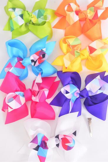 Hair Bow Jumbo Double Layered Geometric or Contemporary Pattern Mix Grosgrain Bow-tie Multi / 12 pcs Bow = Dozen Alligator Clip , Size - 6" x 5" Wide , 2 Fuchsia , 2 Blue , 2 Yellow , 2 Purple , 2 White , 1 Lime , 1 Orange Color Mix , Clip Strip & UPC Code