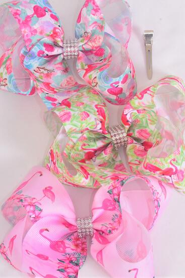 Hair Bow Jumbo Tropical Flamingo Grosgrain Bow-tie / 12 pcs Bow = Dozen Alligator Clip , Size - 6" x 5" Wide , 4 of each Pattern Asst , Clip Strip and UPC Code