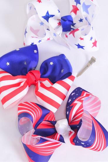 Hair Bow Jumbo Patriotic Stars Stripes Mix Grosgrain Bow-tie / 12 pcs Bow = Dozen Alligator Clip , Bow - 6" x 5" Wide , 4 Of Each Pattern Asst , Clip Strip & UPC Code