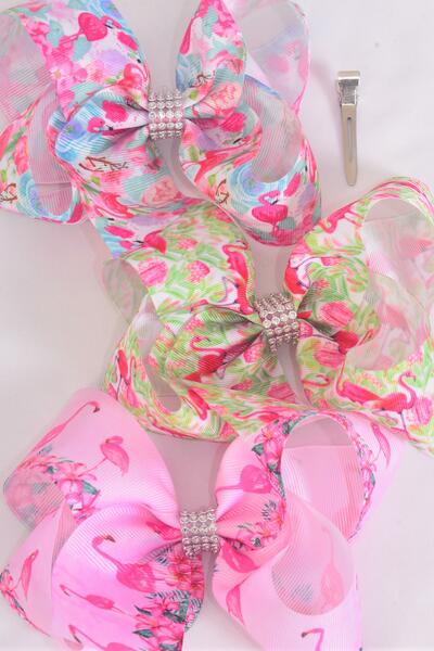 Hair Bow Jumbo Tropical Flamingo Grosgrain Bow-tie / 12 pcs Bow = Dozen Alligator Clip , Size - 6" x 5" Wide , 4 of each Pattern Asst , Clip Strip and UPC Code