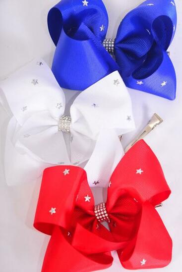 Hair Bow Jumbo Star Studded Patriotic Red White Royal Blue Mix Grosgrain Bow-tie / 12 pcs Bow = Dozen Alligator Clip , Size - 6" x 5" Wide , 4 of each Pattern Asst , Clip Strip & UPC Code