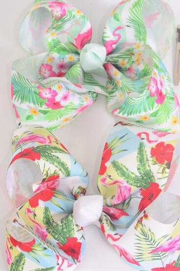 Hair Bow Jumbo Flamingo Grosgrain Bow-tie / 12 pcs bow = Dozen Alligator Clip , Size - 6" x 5" Wide , 6 of each Pattern Asst , Clip Strip & UPC Code