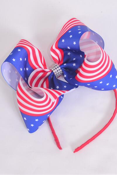 Headband Horseshoe Jumbo Patriotic-Flag Grosgrain Bow-tie / 12 pcs = Dozen Bow Size - 6" x 5" Wide , Hang Tag with OPP Bag