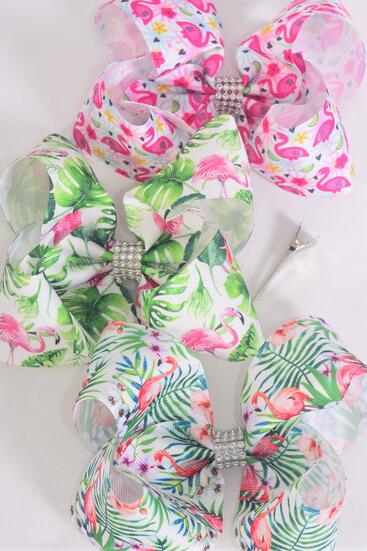 Hair Bow Jumbo Tropical Flamingo Grosgrain Bow-tie / 12 pcs Bow = Dozen Alligator Clip , Bow - 6" x 5" Wide , 4 of each Pattern Asst , Clip Strip & UPC Code