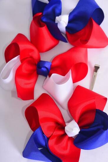 Hair Bow Jumbo Triton Patriotic Red White Royal Blue Mix Grosgrain Bow-tie / 12 pcs Bow = Dozen Alligator Clip , Size - 6" x 5" Wide , 4 of each Pattern Asst , Clip Strip & UPC Code
