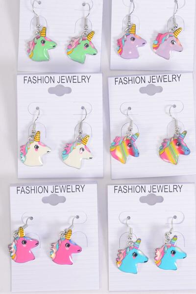 Earrings Unicorn Enamel Color Asst / 12 pair = Dozen Fish Hook , 2 Of each Pattern Asst , Earring Card & OPP Bag & UPC Code