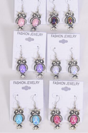 Earrings Metal Antique Silver Owl Poly Iridescent Multi / 12 pair = Dozen match 70115 26945 Fish Hook , Owl Size -1.25" x 0.75" Wide , 2 of each Color Asst , Earring Card & OPP Bag & UPC Code
