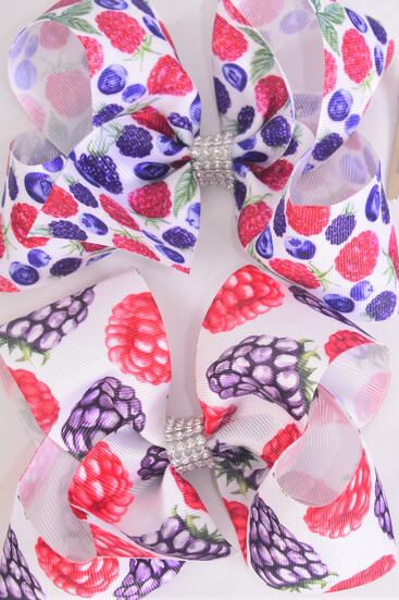 Hair Bow Jumbo Raspberry Black Berry Blueberry Mix Grosgrain Bow-tie / 12 pcs Bow = Dozen Alligator Clip , Size - 6" x 5" Wide , 6 Of Each Pattern Asst , Clip Strip & UPC Code