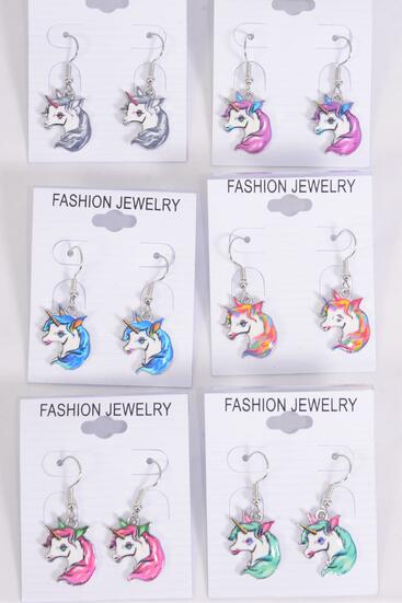 Earrings Unicorn Enamel Color Asst / 12 pair = Dozen match 25119  Fish Hook , 2 Of each Color Asst , Earring Card & OPP Bag & UPC Code