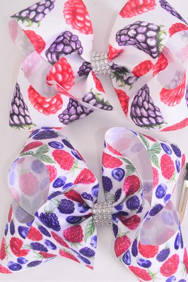 Hair Bow Jumbo Raspberry Black Berry Blueberry Mix Grosgrain Bow-tie / 12 pcs Bow = Dozen Alligator Clip , Size - 6" x 5" Wide , 6 Of Each Pattern Asst , Clip Strip & UPC Code