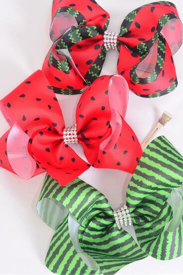 Hair Bow Jumbo Watermelon Grosgrain Bow-tie / 12 pcs Bow = Dozen Alligator Clip , Size - 6" x 5" Wide , 4 Of Each Pattern Asst , Clip Strip & UPC Code