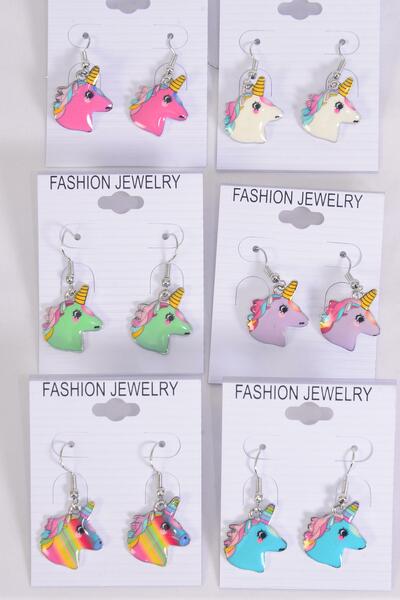 Earrings Unicorn Enamel Color Asst / 12 pair = Dozen Fish Hook , 2 Of each Color Asst , Earring Card & OPP Bag & UPC Code