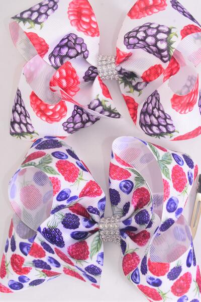 Hair Bow Jumbo Raspberry Black Berry Blueberry Mix Grosgrain Bow-tie / 12 pcs Bow = Dozen Alligator Clip , Size - 6" x 5" Wide , 6 Of Each Pattern Asst , Clip Strip & UPC Code