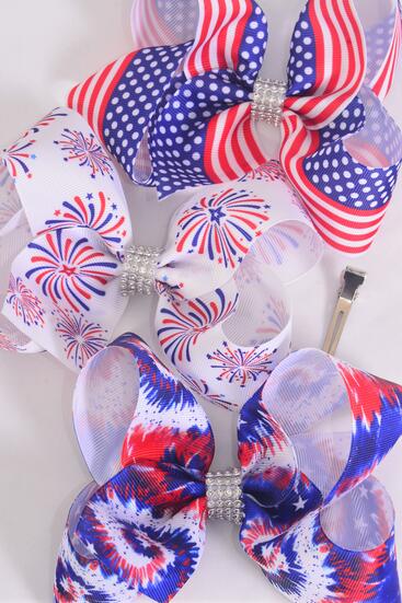 Hair Bow Jumbo Patriotic Flag Firework Tiedye Mix Grosgrain Bow-tie / 12 pcs Bow = Dozen Alligator Clip , Bow - 6" x 5" Wide , 4 Of Each Pattern Asst , Clip Strip and UPC Code