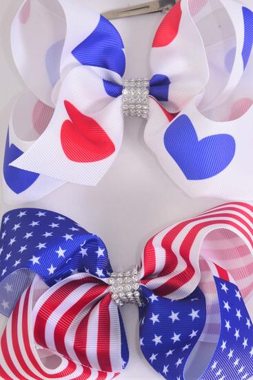Hair Bow Jumbo Patriotic Flag Heart Mix Grosgrain Bow-tie / 12 pcs Bow = Dozen  Alligator Clip , Bow - 6" x 5" Wide , 6 of each Pattern Asst , Clip Strip and UPC Code
