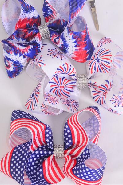 Hair Bow Jumbo Patriotic Flag Firework Tiedye Mix Grosgrain Bow-tie / 12 pcs Bow = Dozen Alligator Clip , Bow - 6" x 5" Wide , 4 Of Each Pattern Asst , Clip Strip and UPC Code