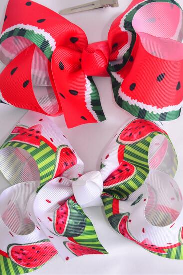 Hair Bow Jumbo Watermelon Grosgrain Bow-tie / 12 pcs Bow = Dozen Alligator Clip , Size - 6" x 5" Wide , 6 of each Pattern Asst , Clip Strip and UPC Code
