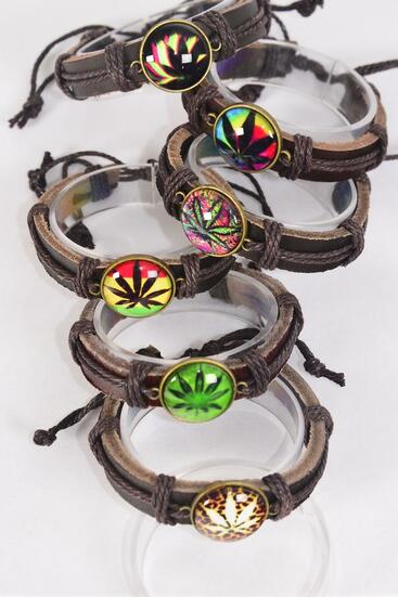 Bracelet Real Brown Leather Band Glass Dome Cannabis / 12 pcs = Dozen Unisex , Adjustable , 2 of each Pattern Asst , Individual Hang tag & OPP Bag & UPC Code