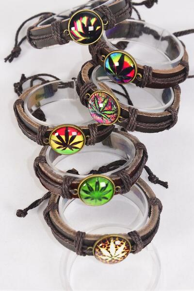 Bracelet Real Brown Leather Band Glass Dome Cannabis / 12 pcs = Dozen Unisex , Adjustable , 2 of each Pattern Asst , Individual Hang tag & OPP Bag & UPC Code