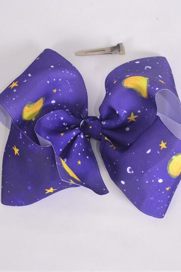 Hair Bow Extra Jumbo Cheer Type Bow Night Sky Moon Stars Grosgrain Bow-tie / 12 pcs Bow = Dozen Alligator Clip , Size - 8" x 7" Wide , Clip Strip & UPC Code