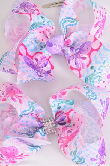 Hair Bow Jumbo Happy Octopus Grosgrain Bow-tie / 12 pcs Bow = Dozen Alligator Clip , Size - 6" x 5" Wide , Clip Strip and UPC Code