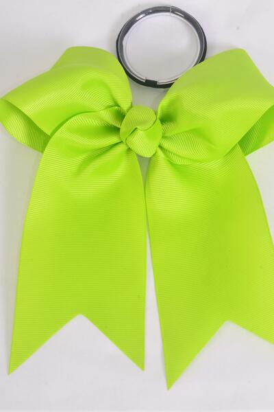 Hair Bow Extra Jumbo Long Tail Cheer Type Bow Lime Green Elastic Grosgrain Bow-tie / 12 pcs Bow = Dozen  Lime Green , Elastic , Size - 6.5" x 6" Wide , Clip Strip & UPC Code