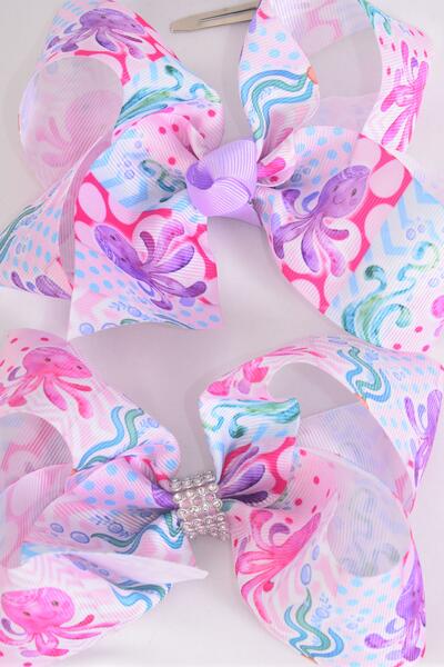 Hair Bow Jumbo Happy Octopus Grosgrain Bow-tie / 12 pcs Bow = Dozen Alligator Clip , Size - 6" x 5" Wide , Clip Strip and UPC Code