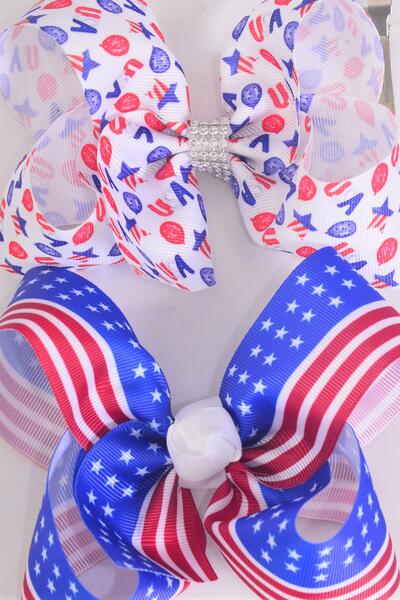 Hair Bow Jumbo Patriotic Flag USA Pattern Mix Grosgrain Bow-tie / 12 pcs Bow = Dozen Alligator Clip , Bow - 6" x 5" Wide , 6 of each Pattern Asst , Clip Strip & UPC Code
