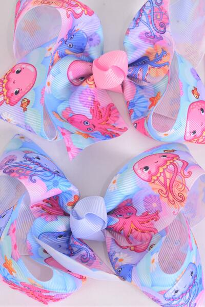 Hair Bow Jumbo Happy Octopus Grosgrain Bow-tie / 12 pcs Bow = Dozen Alligator Clip , Size - 6" x 5" Wide ,  Clip Strip and UPC Code