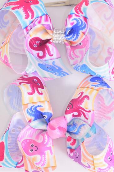 Hair Bow Jumbo Happy Octopus Grosgrain Bow-tie / 12 pcs Bow = Dozen Alligator Clip , Size - 6" x 5" Wide , Clip Strip and UPC Code