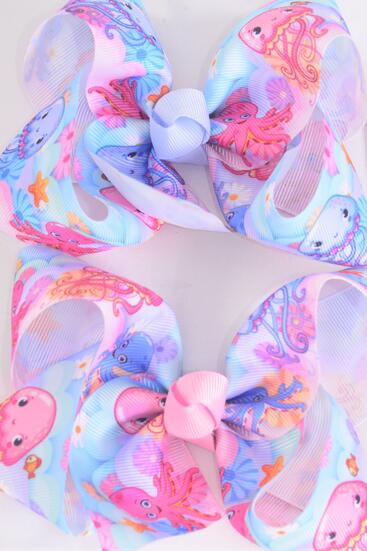 Hair Bow Jumbo Happy Octopus Grosgrain Bow-tie / 12 pcs Bow = Dozen Alligator Clip , Size - 6" x 5" Wide ,  Clip Strip and UPC Code