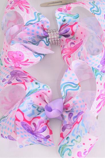 Hair Bow Jumbo Happy Octopus Grosgrain Bow-tie / 12 pcs Bow = Dozen Alligator Clip , Size - 6" x 5" Wide , Clip Strip and UPC Code