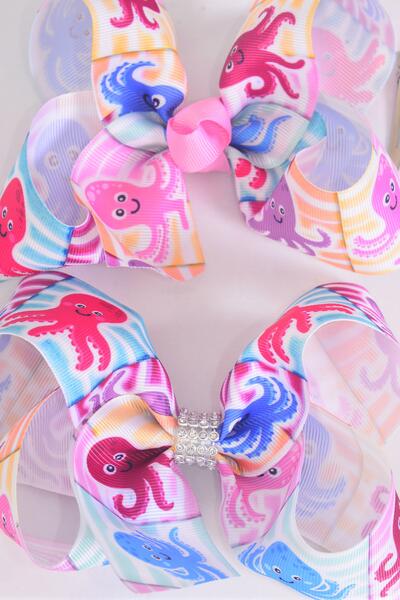 Hair Bow Jumbo Happy Octopus Grosgrain Bow-tie / 12 pcs Bow = Dozen Alligator Clip , Size - 6" x 5" Wide , Clip Strip and UPC Code