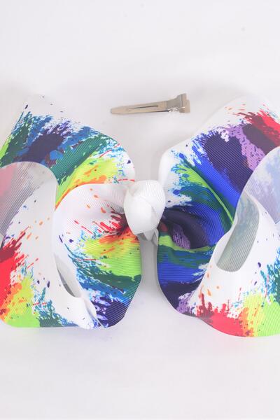 Hair Bow Jumbo White Paint Splatter Grosgrain Bow-tie / 12 pcs Bow = Dozen Alligator Clip , Size - 6" x 5" Wide , Clip Strip & UPC Code