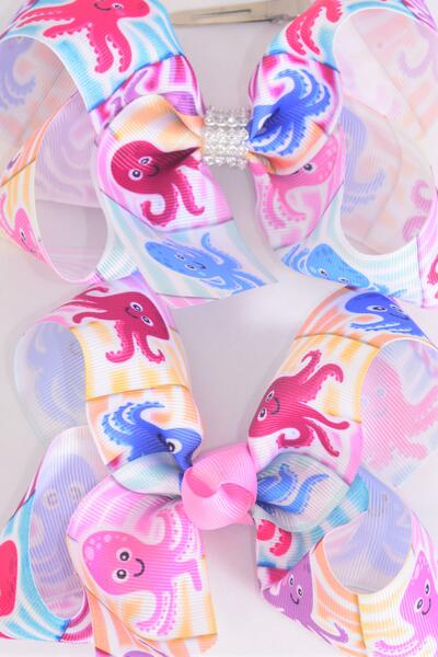 Hair Bow Jumbo Happy Octopus Grosgrain Bow-tie / 12 pcs Bow = Dozen Alligator Clip , Size - 6" x 5" Wide , Clip Strip and UPC Code