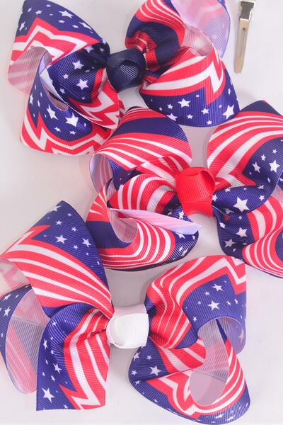 Hair Bow Jumbo Patriotic Celebration Grosgrain Bow-tie / 12 pcs Bow = Dozen  Alligator Clip , Size - 6" x 5" Wide , 4 of each Pattern Asst , Clip Strip & UPC Code