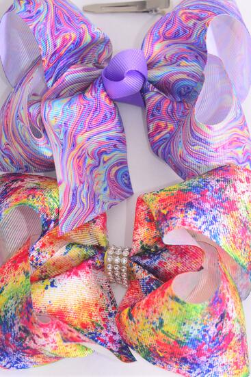 Hair Bow Jumbo Paint Splatter Water Color Mix Grosgrain Bow-tie / 12 pcs Bow = Dozen Alligator Clip , Size - 6" x 5" Wide , 6 of each Pattern Asst , Clip Strip and UPC Code