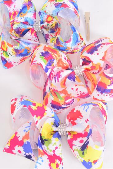 Hair Bow Jumbo Splatter Grosgrain Bow-tie / 12 pcs Bow = Dozen Splatter , Alligator Clip , Size - 6" x 5" Wide , 4 Of Each Pattern Asst , Hang Tag and UPC Code