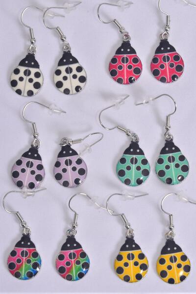 Earrings Ladybug Enamel Color Asst / 12 pair = Dozen Fish Hook , 2 Of each Pattern Asst , Earring Card & OPP Bag & UPC Code