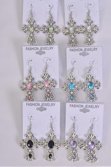 Earrings Metal Antique Cross Acrylic Multi / 12 pair = Dozen match 70123 Fish Hook , Size - 1.75" x 1.25" Wide , 2 of each Pattern Asst , Earring Card & OPP Bag & UPC Code